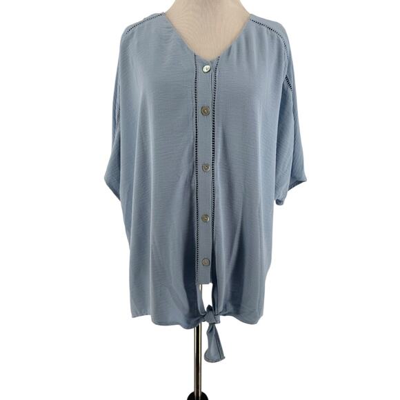 Como Vintage Women's Soft Chambray Blue Short Sleeve Tie Front Blouse XL NEW - Picture 1 of 5